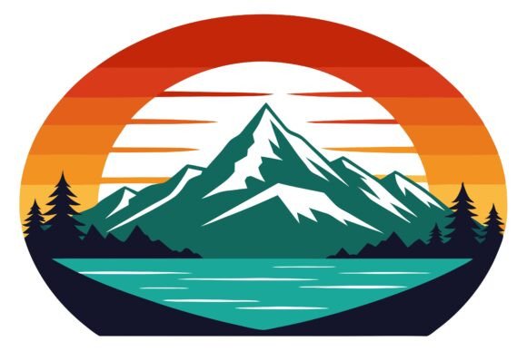 Mountain Lake Retro Graphics for Editorial Illustrations